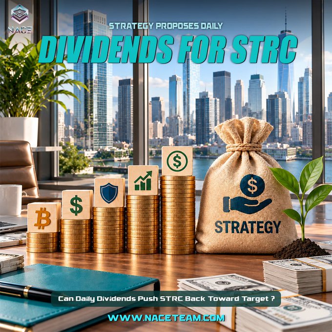 A financial promotional image showing a city skyline backdrop with a desk displaying rising gold coin stacks topped with blocks and a money bag labeled "STRATEGY." The headline reads "STRATEGY PROPOSES DAILY DIVIDENDS FOR STRC" with the subheading "Can Daily Dividends Push STRC Back Toward Target?" and the website "WWW.NACETEAM.COM."

The image illustrates the accompanying post by visually emphasizing growth and investment income through the rising coin stacks and branded money bag, reinforcing the message about Strategy's proposed daily dividends for its STRC preferred stock potentially attracting income investors and helping the stock reach its target price level.