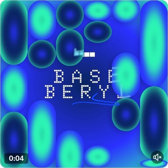 Blue and green abstract graphic with rounded shapes and pixelated text reading 'BASI BERY', resembling a video frame at 0:04 with a muted audio icon.