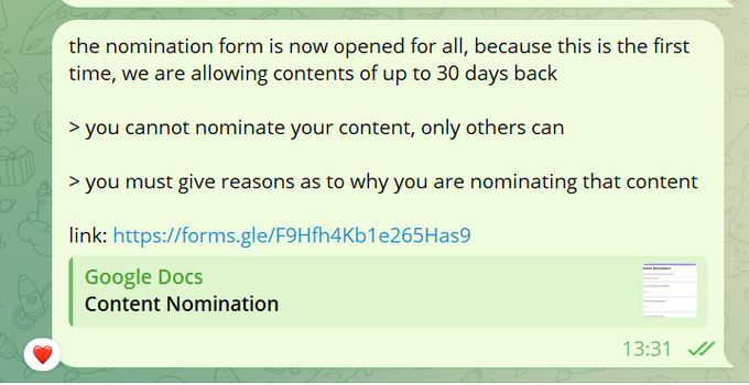 A phone screen shot of a message from Google Docs showing information about a Google Docs form for creators.