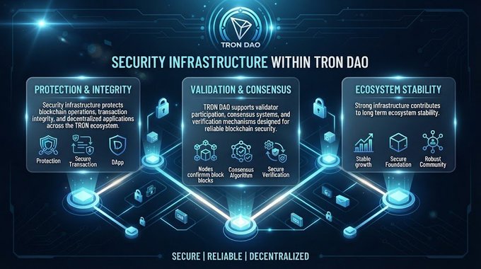 An infographic titled "SECURITY INFRASTRUCTURE WITHIN TRON DAO" displaying three pillars—Protection & Integrity, Validation & Consensus, and Ecosystem Stability—each highlighting key security features like protection, secure transactions, DApps, nodes, consensus algorithms, secure verification, stable growth, secure foundations, and a robust community, aligned with the post's emphasis on safeguarding blockchain operations and decentralization.