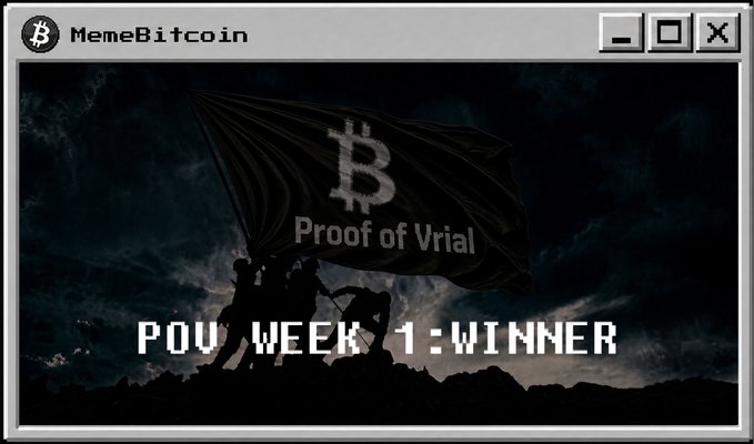 The image is a stylized graphic designed like a retro computer window titled "MemeBitcoin," featuring silhouettes of figures raising a flag emblazoned with the Bitcoin logo and the words "Proof of Viral," with the pixelated text "POV WEEK 1: WINNER" overlaid on a dark, stormy mountain backdrop—celebrating the user's selection as one of 22 emblem winners in the Memebitcoin "Proof of Viral" campaign tied to the 1,096,361 vision.