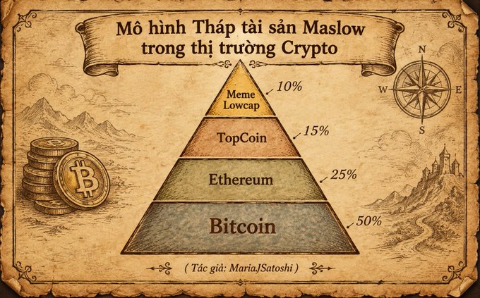 The image depicts a vintage-style pyramid titled "Mô hình Tháp tài sản Maslow trong thị trường Crypto" (Maslow's Hierarchy of Assets in the Crypto Market), with Bitcoin (50%) at the base, followed by Ethereum (25%), TopCoin (15%), and Meme/Lowcap (10%) at the top, credited to "MariaJSatoshi." The post ":))) Memelowcap top 1 nha anh em" humorously plays on the pyramid's apex, suggesting that despite being the smallest allocation (10%), meme/lowcap coins are secretly the real "top" in the crypto hierarchy.