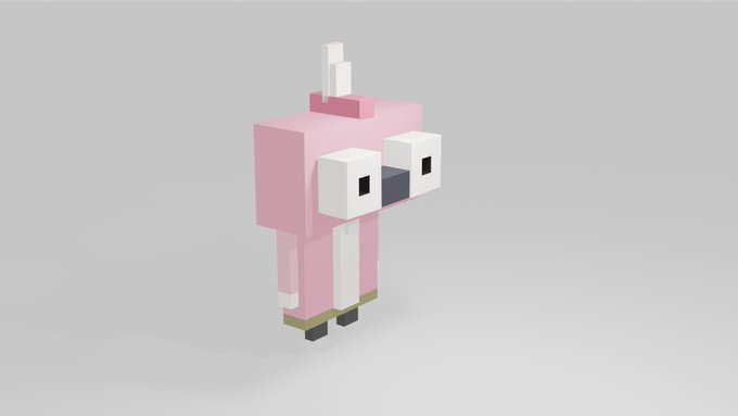 A 3D render of a blocky, pink, goat-like character with white accents and large pixelated eyes stands against a plain white background.