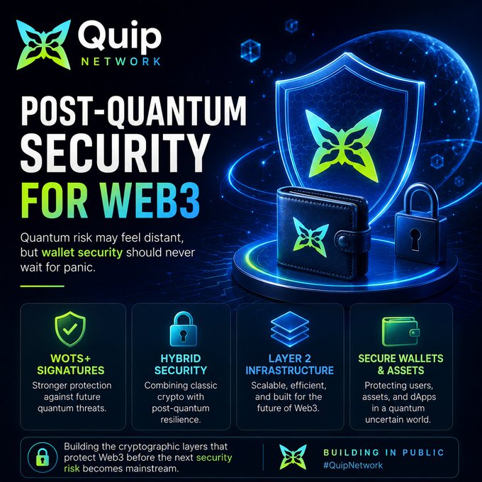 The image is an advertisement promoting Quantum risk protection for web applications through Quip Network's service. The scene shows a blue shield with a green butterfly logo at the top. Below the shield are three blocks, each representing different aspects of quantum risk management such as hybrid security architecture, securing user attributes and assets, and protecting against malicious attacks. Additionally, there is a lock symbol next to the words "Quantum risk may feel distant, but wallet security should never wait for panic." The text at the bottom states that Quip Network will always focus on what it shows in the image.