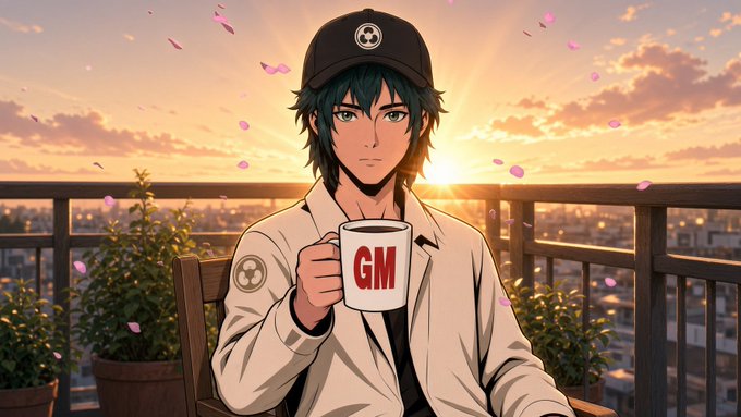 An anime-style illustration of a green-haired young man wearing a cap and white jacket, holding a white mug with red 'GM' text, sitting on a balcony at sunset with cherry blossom petals floating in the air.