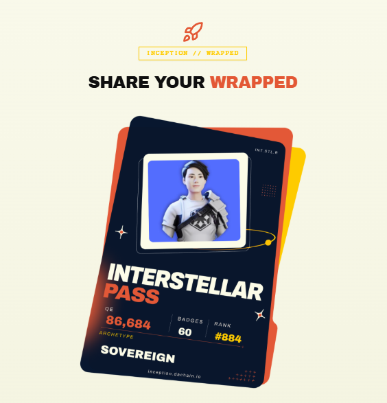 A promotional graphic for 'Inception // Wrapped' showing an 'INTERSTELLAR PASS' card with a photo of a person, CE 86,684, 60 badges, rank #884, and archetype 'SOVEREIGN'.