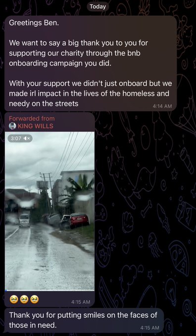 A WhatsApp chat screenshot shows a message thanking 'Ben' for charity support and impacting 'homeless and needy on the streets,' followed by a forwarded video of a rainy street scene.