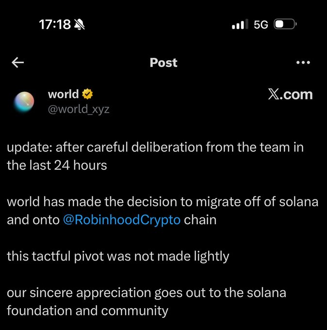 The image shows a post from @world_xyz announcing the World project's migration from Solana to the RobinhoodCrypto chain, thanking the Solana foundation. The post critiques projects that switch chains chasing opportunities, drawing a parallel to how airdrop farmers are criticized for jumping between projects for rewards—suggesting chain-hopping projects deserve similar scrutiny.