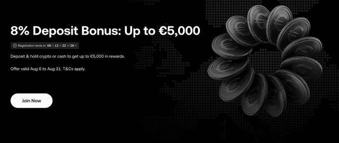 A promotional banner offering an '8% Deposit Bonus: Up to €5,000' with a countdown timer, valid Aug 6 to Aug 31, featuring silver Euro coins on a black background.