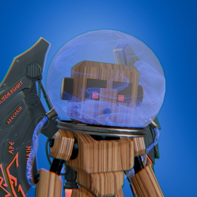 A 3D rendered wooden robot-like figure with glowing red pixelated eyes, encased in a transparent glass sphere containing swirling blue smoke, holding a large axe inscribed with 'APEX CHAIN'.