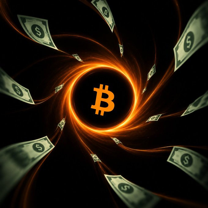 A glowing orange Bitcoin (₿) symbol sits at the center of a swirling vortex, surrounded by dollar bills spiraling inward like matter being consumed by a black hole—visually reinforcing the caption "We are expanding the Bitcoin black hole."