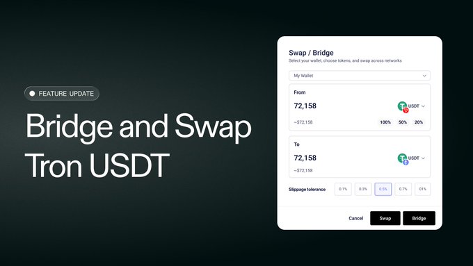 The image showcases an update for a trading platform named Bridge & Swap, which allows users to perform native swap transactions between various tokens. The update has been pushed live on Utila, supported by the @symbiosis_fi toolchain. Users can use this feature to easily swap and manage token balances without needing a bridge server in the background. Furthermore, native token swaps are available directly within the console of the trading platform.