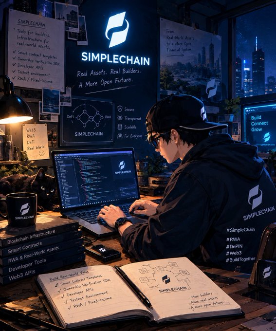 An anime-style illustration of a developer in a cap working on a laptop, with a prominent 'SIMPLECHAIN' logo and the tagline 'Real Assets. Real Builders. A More Open Future.' displayed on screens around the workspace.