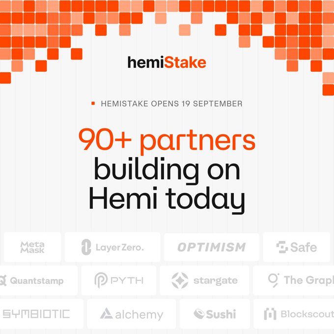 A promotional graphic for 'hemiStake' announces it opens 19 September, highlighting '90+ partners building on Hemi today' with logos including MetaMask, LayerZero, Optimism, Safe, Quantstamp, Pyth, Stargate, The Graph, Symbiotic, Alchemy, Sushi, and Blockscout.