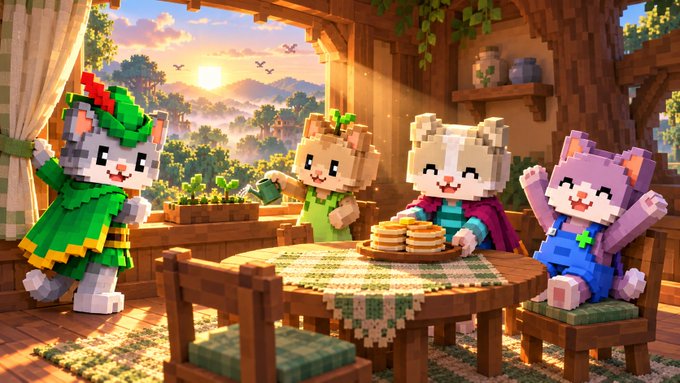 A pixel-art/voxel style illustration showing four cute cat characters sitting around a wooden table with pancakes, in a cozy rustic home setting at sunset.