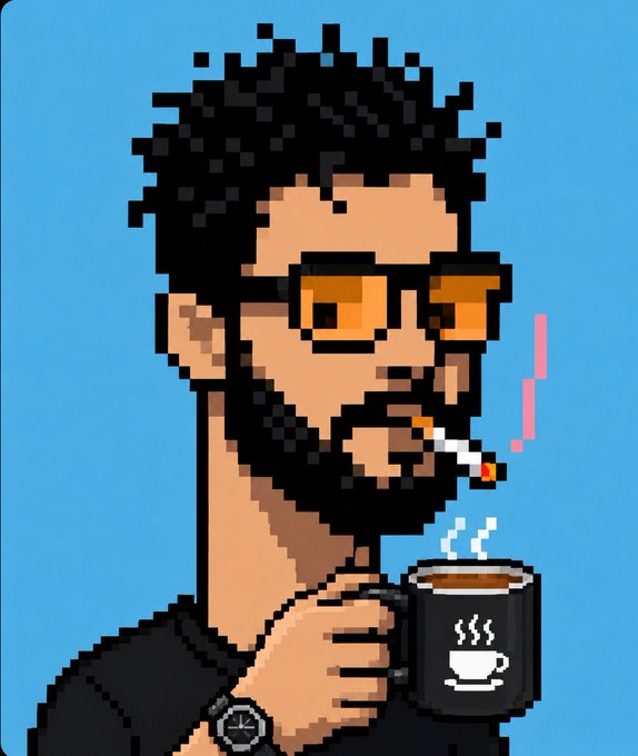 The image features a cartoon-style man with glasses, holding a cup of coffee and smoking a cigarette. The background is blue, which complements the overall color scheme of the image. The caption below the image reads "Good morning everyone. Back to work with full energy again Even if it takes a while for the results to come, don' stop, keep moving forward I'M ALSO ENJOYING THIS SUMMER TO THE FULLEST".