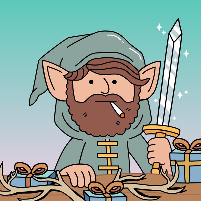 A cartoonish elf-like figure with pointed ears, a beard, and a nightcap sits smoking a cigarette while gripping a silver sword, surrounded by wrapped Christmas presents and antlers. The "supply cut to 999" caption ties into the festive holiday imagery, suggesting a limited edition or scarcity announcement reminiscent of a Christmas gift drop.