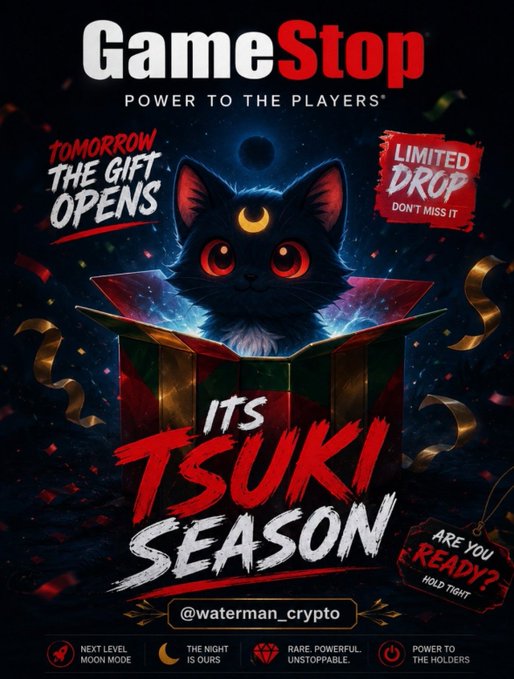 A promotional GameStop "Tsuki Season" graphic featuring a cosmic black cat with a crescent moon on its forehead emerging from a gift box, with text reading "TOMORROW THE GIFT OPENS," "LIMITED DROP," and "ARE YOU READY?" alongside the handle @waterman_crypto—teasing an imminent $TSUKI token drop that aligns with the post's announcement that "the box will be open anytime now."