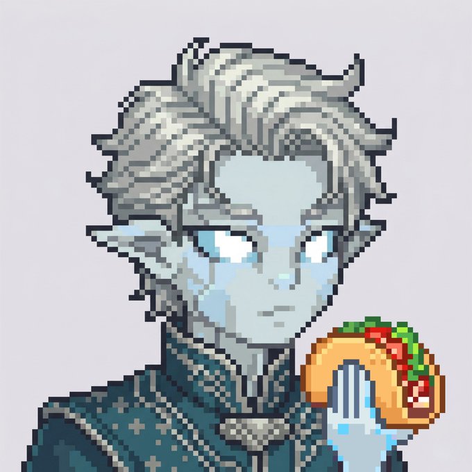 A pixel art portrait of a pale, white-haired elf-like character with pointed ears, wearing a dark blue patterned outfit and holding a taco.