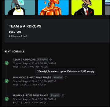 A webpage section showing 'TEAM & AIRDROPS' as 'SOLD OUT - All items minted', with a 'MINT SCHEDULE' listing 'TEAM & AIRDROPS', 'MAVANOIDS - GTD MINT PHASE', and 'HUMANS - FCFS MINT PHASE', all marked 'Allowlist'.