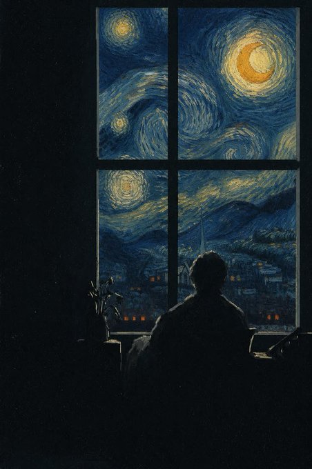 A silhouette of a person sitting by a window at night, looking out at a Van Gogh 'Starry Night'-style swirling sky with a crescent moon over a village and mountains.