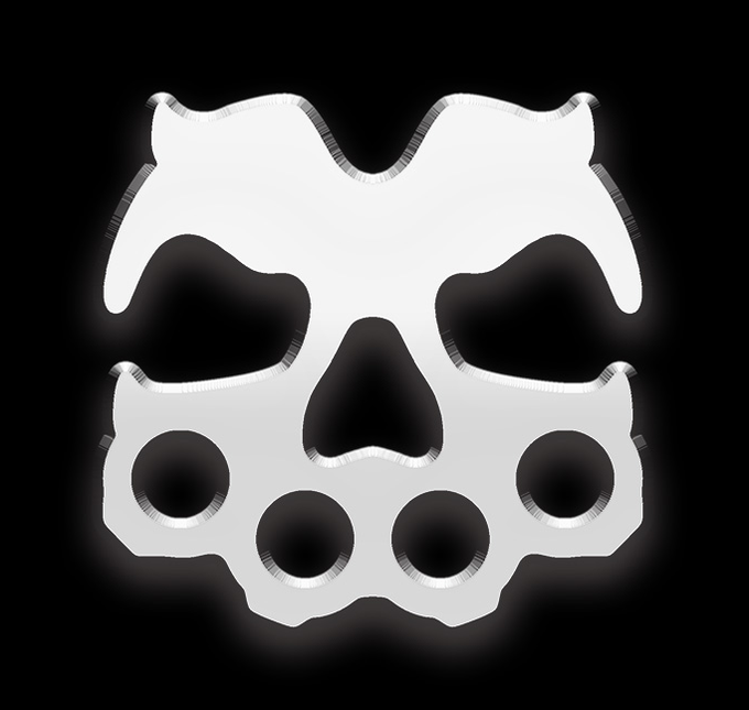 A white stylized skull or mask logo with a glowing effect on a black background.