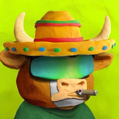 A 3D rendered Pepe the Frog character wearing a yellow sombrero with colorful pom-poms and green visor sunglasses, smoking a cigar against a bright green background.
