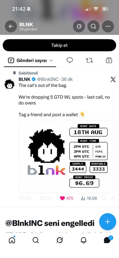 A screenshot of BLNK's X (formerly Twitter) profile showing a pinned post announcing a 5 GTD whitelist spot distribution on August 18th at 2-4 PM UTC, with a mint price of $6.69, supply of 3444, and mintable count of 3333. The image aligns with the accompanying post's skeptical tone about BLNK, displaying the project's promotional content as evidence to support the criticism of it being a stagnant or potentially low-quality NFT project.