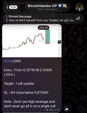 The image shows a screenshot from the BitcoinHabebe VIP Telegram channel featuring a pinned trade setup for $ON (DCA), with a chart dated July 25 and entry instructions from 0.12716 to 0.12000 with a stop loss at 4H close below 0.01140. The post promotes joining the private VIP group to access trade calls away from market makers, with the image serving as proof of the $ON trade's 200% gain since the call.