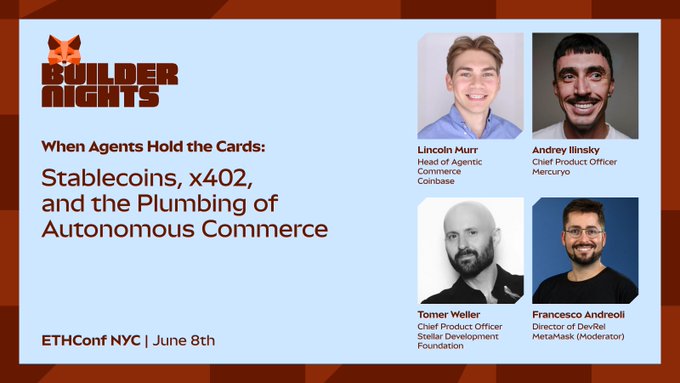 The image features a poster for an event called "Builder Nights", which appears to be taking place in New York City. The poster includes four men's portraits, each with different expressions, and the text "When Agents Hold the Cards: Stablecoins X402 and the Plumbing of Autonomic Commerce". The event is scheduled for Monday at 8 PM.