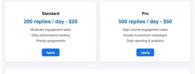 The image displays two job tier options: "Standard" at 200 replies/day for $20 and "Pro" at 500 replies/day for $50, each with an Apply button. This aligns with the post's hiring announcement offering daily salaries of $20-$50 for a Web3 replying project, where the image visualizes the two available payment tiers.