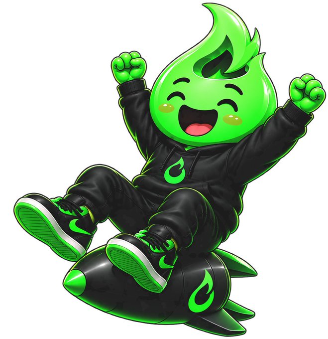 An illustration of a cheerful green flame character wearing a black hoodie and sneakers, riding on a green and black rocket.