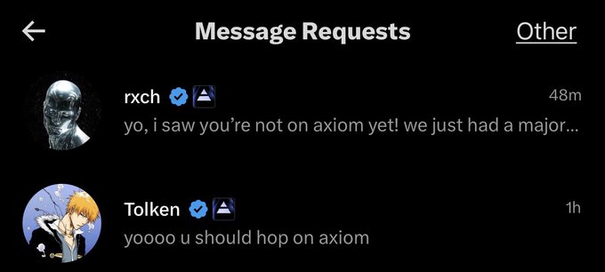 Instagram Message Requests page showing two messages from 'rxch' (48m ago) and 'Tolken' (1h ago) telling the user to hop on 'axiom'.