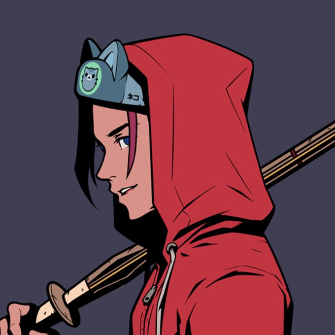 Anime-style illustration of a character in a red hoodie wearing a cat-eared beanie with a cat logo, holding a katana.