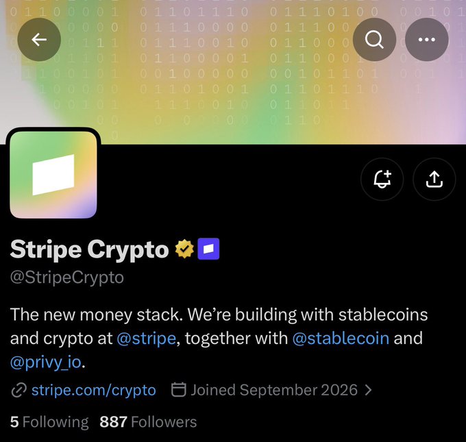 A Twitter/X profile screenshot for 'Stripe Crypto' (@StripeCrypto) describes building with stablecoins and crypto at @stripe, with 887 followers.