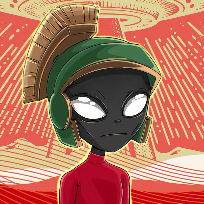 A cartoon illustration of a black-skinned alien character with blank white eyes, wearing a green and gold Roman-style helmet and red shirt against a red and yellow striped background.