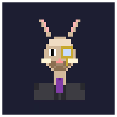 A pixel art character with a tan, mask-like head featuring pink antennae, one eye covered by a gold square, set against a dark blue background.