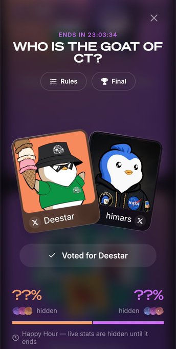 A voting poll interface asking 'WHO IS THE GOAT OF CT?' between 'Deestar' and 'himars', with a 'Voted for Deestar' confirmation.