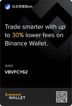 A Binance Wallet referral advertisement offering up to 30% lower fees, with the username '以太坊老张eth' and invitation code 'VBVFCY62' displayed alongside a QR code.