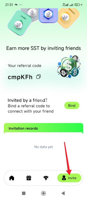A mobile app screenshot showing a referral program page with the code 'cmpKFh', a red arrow pointing to the 'Invite' button at the bottom, and text reading 'Earn more SST by inviting friends'.