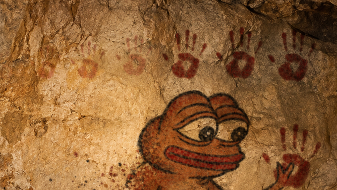 A Pepe the Frog meme drawn as ancient cave art with handprints on a rocky cave wall.