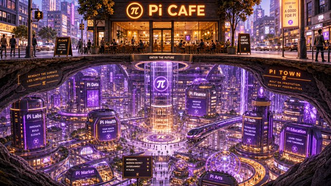 A vibrant futuristic cityscape illustration labeled 'PI CAFE' and 'PI TOWN', featuring an underground metropolis with various sectors like Pi Data, Pi Finance, Pi Health, Pi Tech, Pi Education, and Pi Arts illuminated in purple.