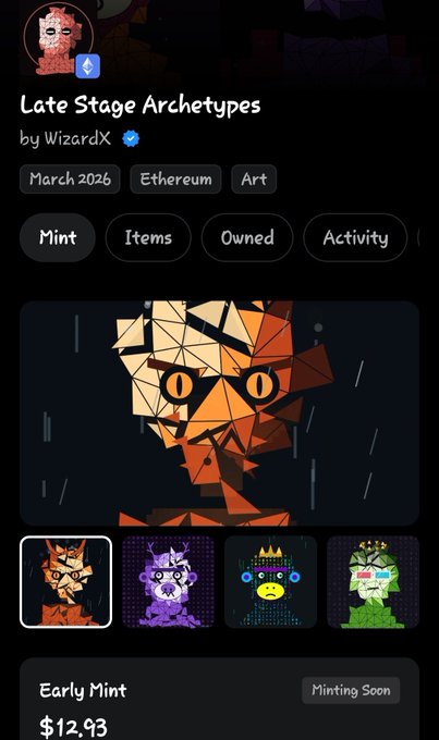 A screenshot of an NFT collection page titled 'Late Stage Archetypes' by WizardX, featuring pixel art cats with an Early Mint price of $12.93.
