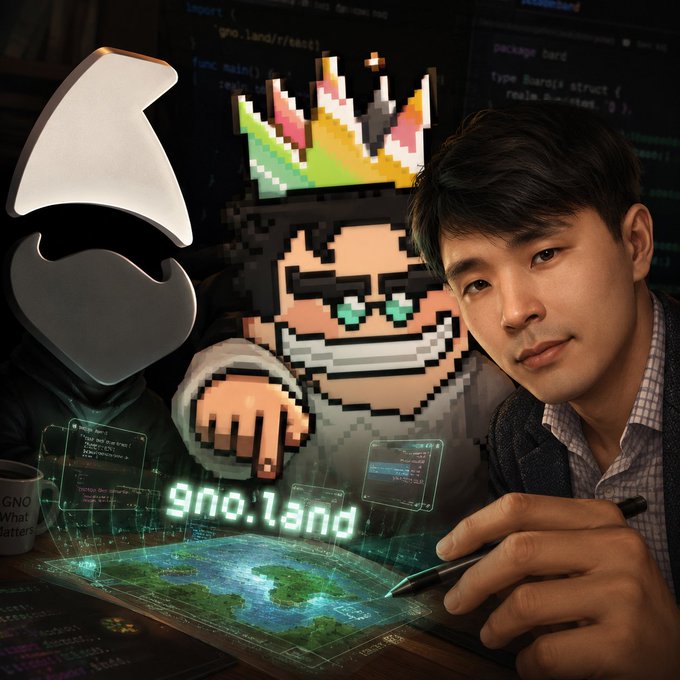 A stylized illustration showing a developer at a desk with code and holographic displays, featuring a 3D 'G' logo, pixel art characters, and the text 'gno.land'.