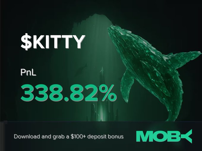A Moby Mobile promotional graphic celebrates a trader who closed a $KITTY position with a remarkable +338.82% PnL, featuring a large green whale graphic alongside the ticker "$KITTY" and call-to-action text offering "Download and grab a $100+ deposit bonus."