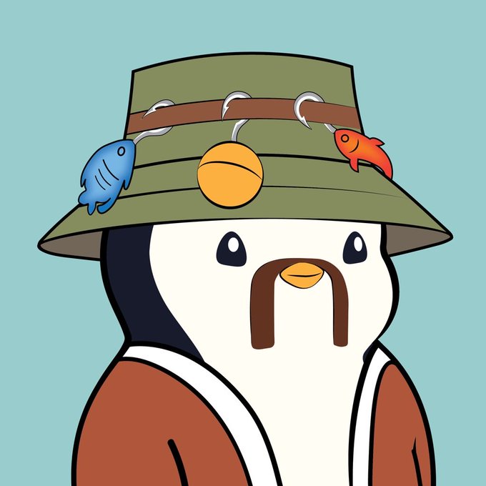 A cartoon illustration of a penguin-like character with a brown mustache wearing an olive green fishing hat adorned with fish charms, a bobber, and hooks.