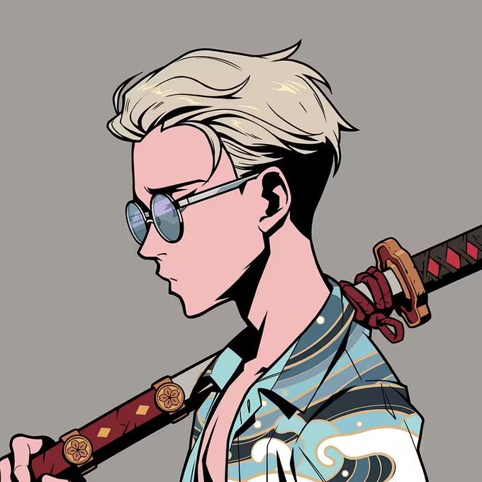 The image features a man wearing glasses and holding a sword with both hands while standing against a gray background. The man appears to be dressed in a shirt that has white and blue colors, which contrasts with his blonde hair. The sword he holds is red and gold colored, adding an element of danger or intrigue to the scene. The image also includes text that reads "Gm Everyone it's Monday, work hard and stay focused today new week, new vibes, new think. Never stop Quiping @quipnetwork".