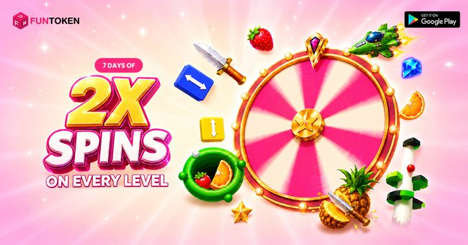 The image features a pink background with a large wheel of fortune at the center, surrounded by various fruits such as apples, oranges, and bananas. The text "2X Spins Week Is Now Live For the next 7 days, every level you complete across $FUN Games will reward you with 2X Wheel of Fortune Spins Complete levels Earn 2X Spins Unlock more $FUN rewards With 7 $FUN Mobile Games already live". This suggests that there is a special offer for playing mobile games and completing levels in order to earn extra spins on the wheel.
