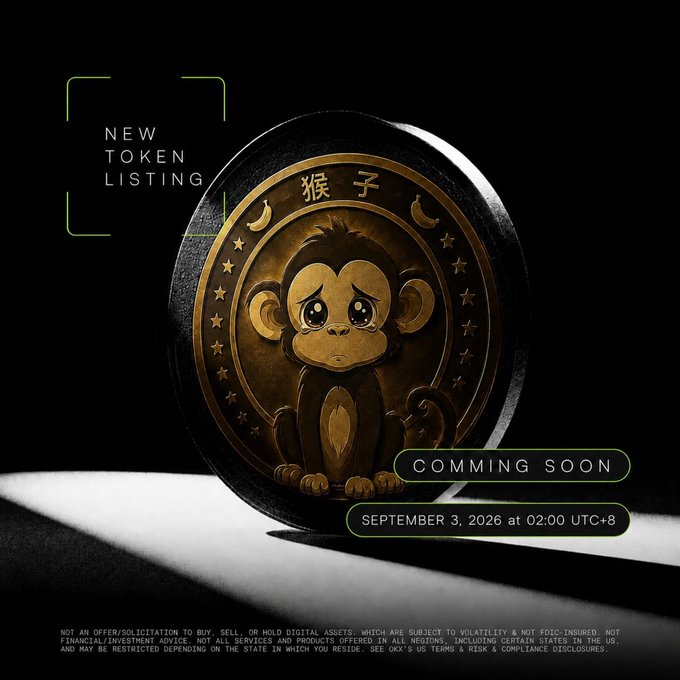 A promotional graphic announcing a new token listing featuring a gold coin with a cartoon monkey and Chinese characters "猴子" (meaning "monkey"), with text reading "NEW TOKEN LISTING," "COMMING SOON," and "SEPTEMBER 3, 2026 at 02:00 UTC+8," aligning with the $HOUZI presale launch announcement.