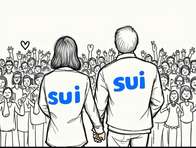 A man and woman wearing jackets labeled “sui” hold hands while facing a large, enthusiastic community. The image reflects the post’s message about Sui growing beyond a single L1 into a unified ecosystem spanning DeFi, gaming, stablecoins, NFTs, infrastructure, and consumer apps.